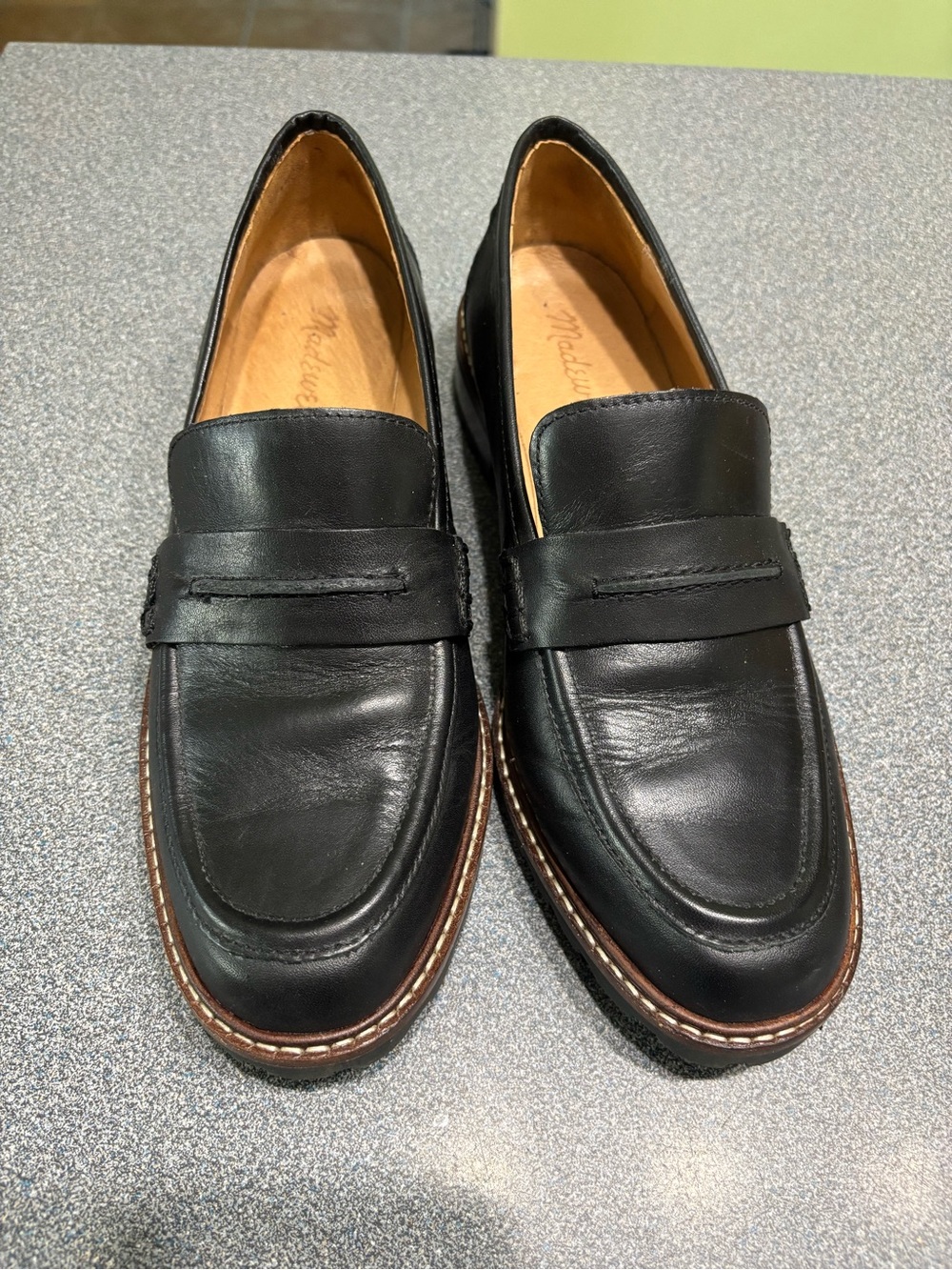 Madewell Black Leather Penny Loafers with Brown Welt